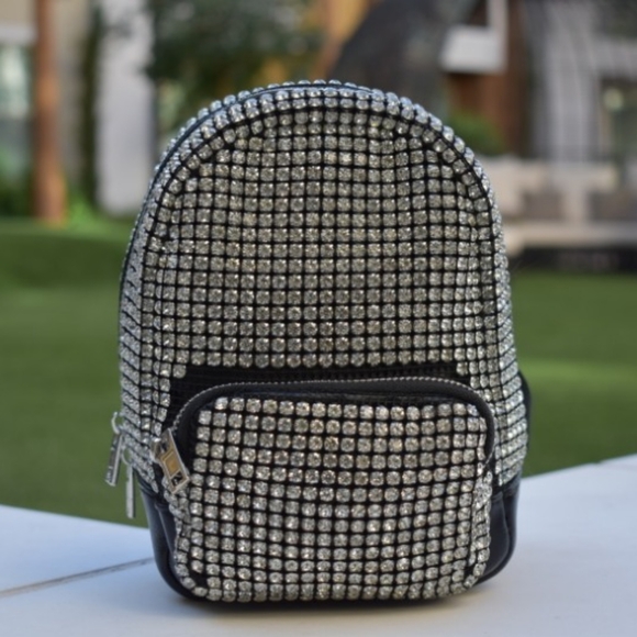 LMD 9000 Mini Silver Rhinestone Embellished Black Leather Women's Backpack - Picture 2 of 9